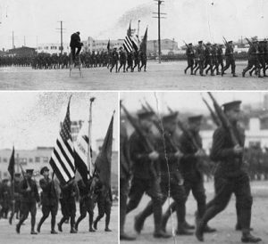 UCLA’s Army ROTC unit participates in a military procession on the Vermont Avenue campus in 1927. 