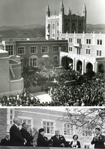 Composite image of official opening of Kerckhoff Hall on Jan. 20, 1931 (top) and prominent UC notables and friends, including, from left, Allan C. Balch; Ernest Carroll Moore, director of UCLA; Louise Kerckhoff; California Gov. James Rolph, Jr.; Lucy Guild '31, president of the Associated Women Students of UCLA; and Earle Swingle '31, president of the Associated Students of UCLA (bottom)