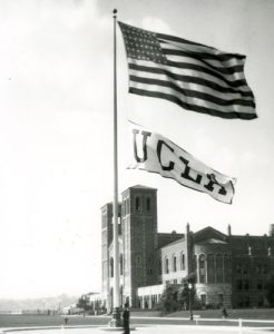 Victory flag and American flag on UCLA’s main quad