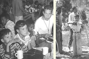Composite image: Campers and counselors gather at the communal dining hall for mealtime in the left photo, circa 1950s; a young camper focuses intently on his archery target, while others eagerly wait their turn in the right photo, circa 1940s, 