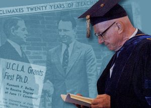 Background: Earle R. Hedrick (left), UCLA's chief executive, congratulates Kenneth P. Bailey on being the first student to earn a Ph.D. at UCLA; foreground: Bailey in 1988
