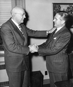 Clarence Dykstra (left), UCLA’s chief executive from 1945-50, greets L. Dale Coffman, the law school’s founding dean.