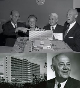 Collage: Dykstra Hall model, completed building, Clarence A. Dykstra