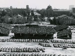 34,000 crammed into the stadium – built just for the day – to hear the presidents speak, Charter Day 1964