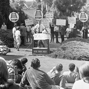  Ralph Westfall, president of the John Birch Society, speaks in favor of the Vietnam War during a rally held in Hyde Park on Oct. 15, 1965