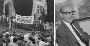 Collage: students opposing draft in Meyerhoff Park, 1968; Prof. Hans Meyerhoff ’36, M.A.’38, Ph.D.’42