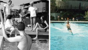 Collage: Students at Sunset Rec pool; practice space for the UCLA Boat and Water Skiing Club