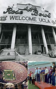 Collage: The Rose Bowl undergoes upgrades before the Bruins move; a sold-out crowd of 104,991 watches the Bruins win over Big Ten champion Michigan on New Year's Day, 1983; Head Coach Terry Donahue introduces his players to fans gathered during the official Rose Bowl welcome party.