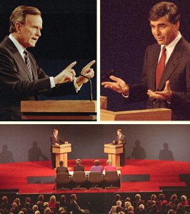 1988 presidential hopefuls Vice President George Bush and Massachusetts Gov. Michael Dukakis debate in UCLA’s Pauley Pavilion