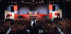Wide shot of 1988 presidential hopefuls Vice President George Bush and Massachusetts Gov. Michael Dukakis debating in UCLA’s Pauley Pavilion