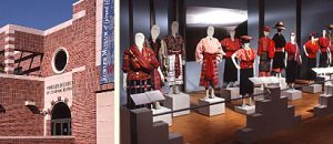 Collage: Fowler exterior; one of the Fowler’s debut exhibits in 1992, “Threads of Identity: Maya Costume of the 1960s Highland Guatemala” 
