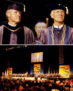 Collage: President Bill Clinton (left) and UCLA Chancellor Charles E. Young; crowd of more than 9,000 gathered in Pauley Pavilion to hear speech honoring University's 75th anniversary