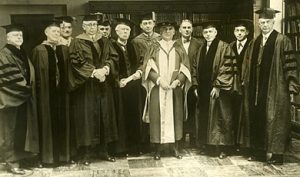 Dignitaries in caps and gowns, early days of UCLA