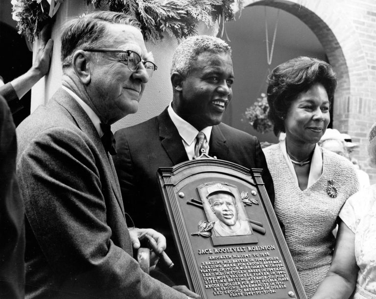 Branch Rickey with Jackie and Rachel Robinson at Hall of Fame induction