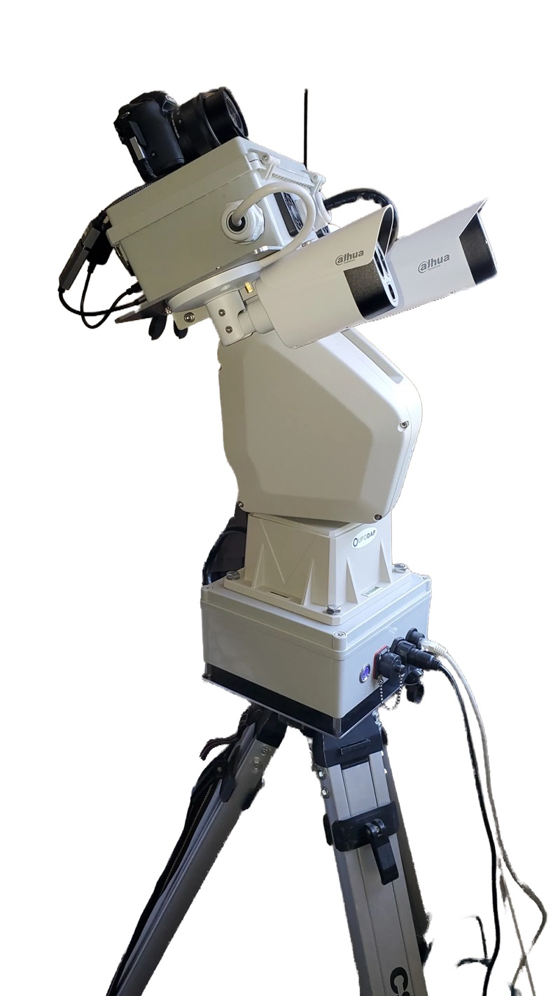 Tripod-mounted pan/tilt positioner with onboard computer carrying a wide-angle fixed-lens camera, a thermal IR camera and a DSLR for simultaneous data collection from all three while tracking.