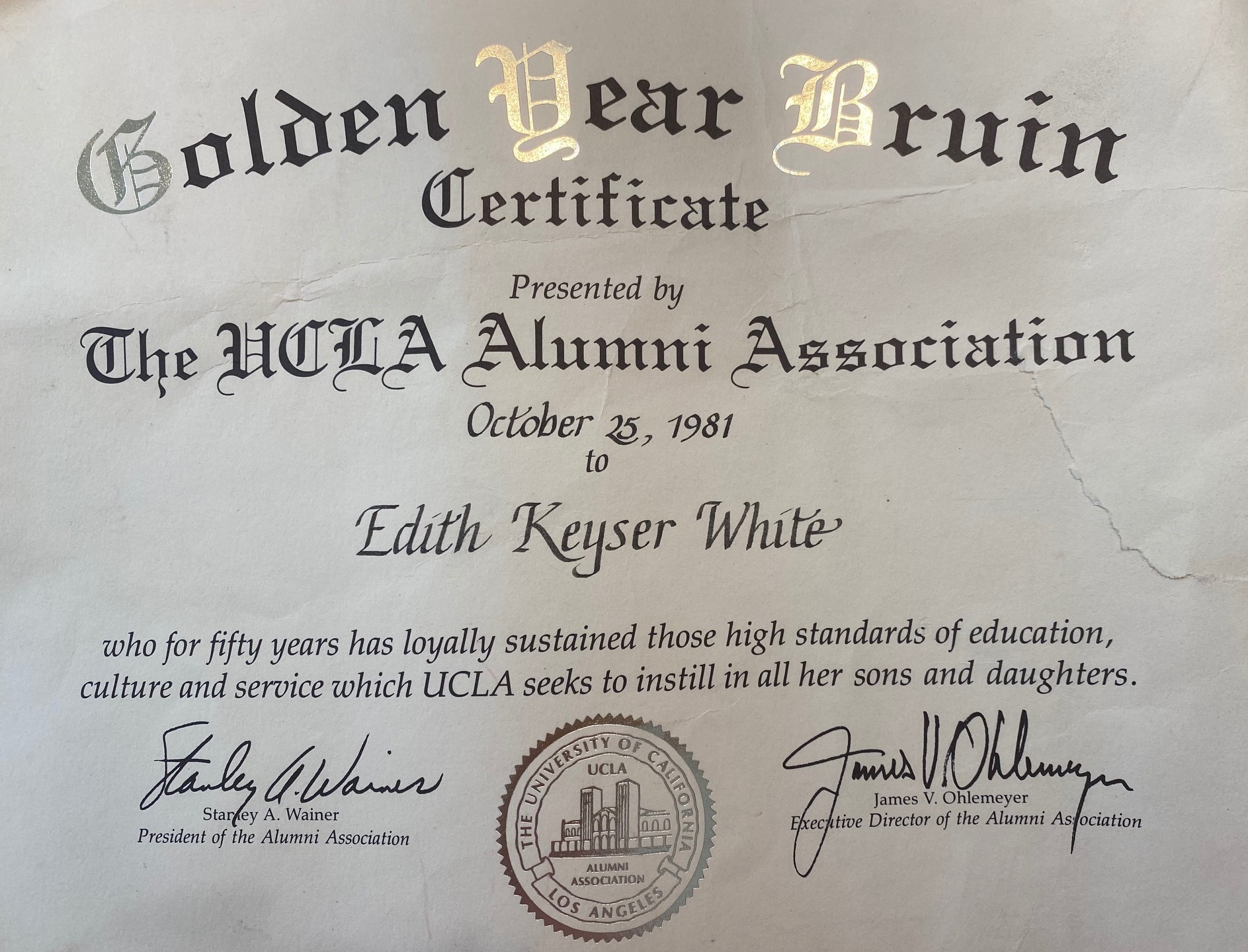 Golden Year Bruin Certificate - Edith Keyser White