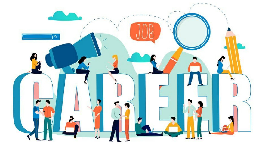 Image of the word career surrounded by graphics of people and career-related icons.