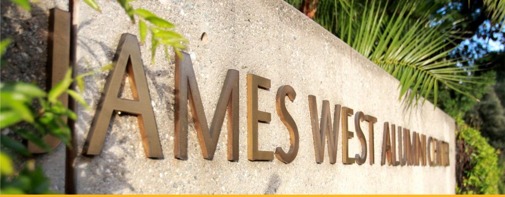 Image of the James West Alumni Center Sign upon entering from the South Side.
