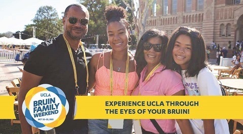 Family of four smiling at the camera with a banner that says "Experience UCLA through the eyes of your Bruin!"