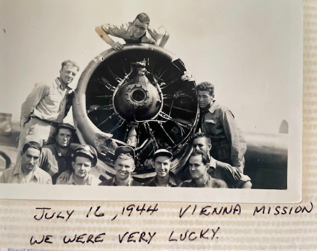 Ken Gallagher and crew with caption - July 16, 1944 - Vienna mission - we were very lucky.