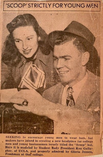 Ken Gallagher modelling hat with Gloria Jensen