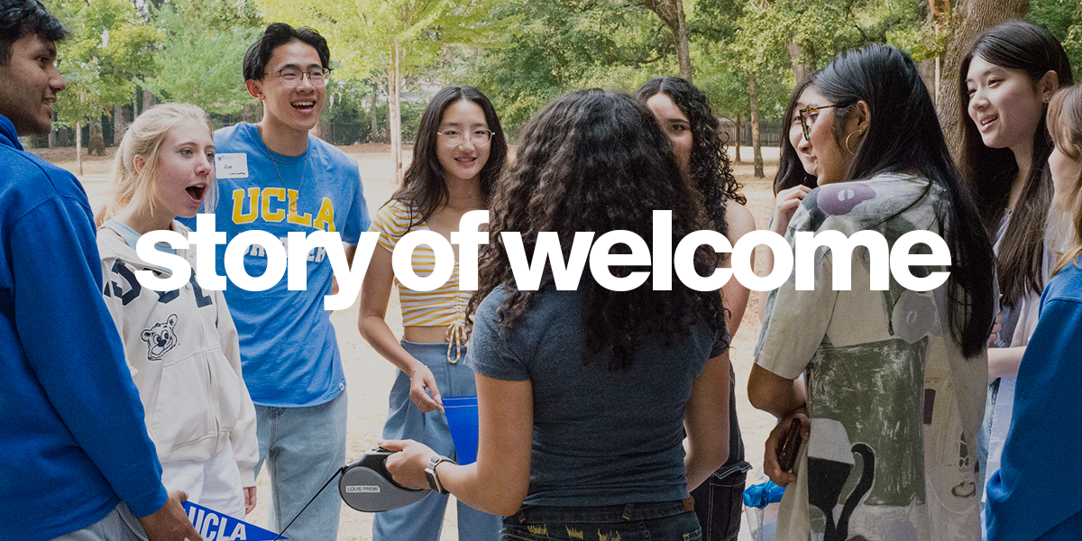 People at New Bruin Send-off with "story of welcome" superimposed over it.